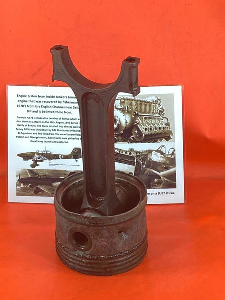 Very rare engine Piston very nice condition some original colour,faint markings from inside Junkers Jumo 211 engine on German Ju87b-1 stuka dive bomber which was shot down in the English channel on the 16th August 1940 during the Battle of Britain