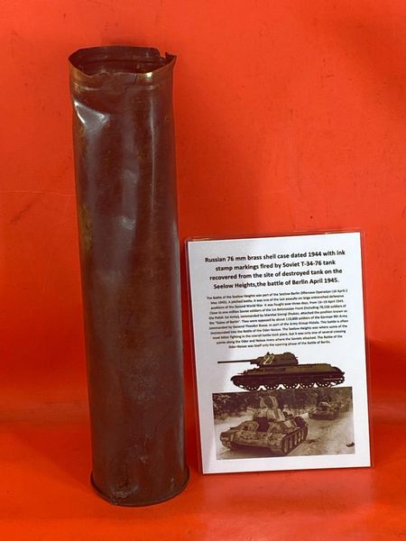 Russian 76mm brass shell case dated 1944 fired by Russian T34-76 tank recovered from the site of a destroyed tank on the Seelow Heights 1945 battlefield the opening battle for Berlin