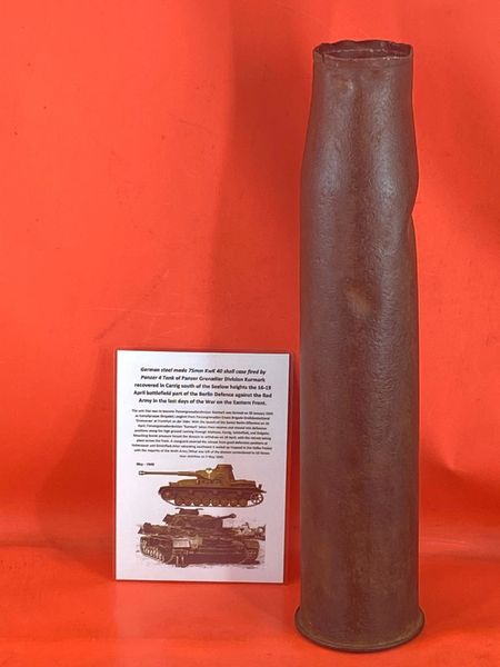 German 75mm KwK40 steel shell case nice relic condition fired by Panzer 4 tank recovered in Carzig south of the Seelow heights the area was defended by German Panzer Grenadier Division Kurmark in April 1945