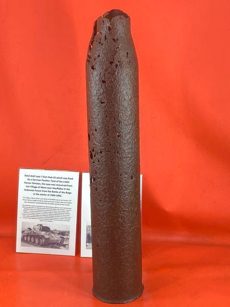 German steel shell case 7.5cm KwK42 nice straight neck solid condition fired by Panther tank of the 116th Panzer Division recovered in Mont near Houffalize ,Ardennes Forest, battle of the Bulge 1944-1945