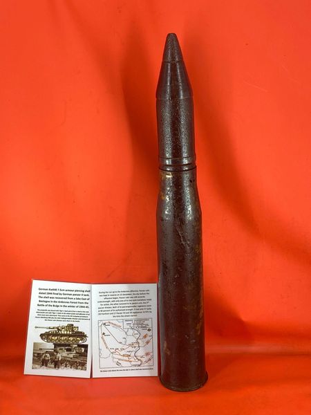 Fantastic complete German 75mm KwK40 armour piercing round, steel shell case dated 1944,brass wash fired by German panzer 4 tank in the Panzer Lehr Division it was recovered from a lake East of Bastogne,Ardennes Forest from the Battle of Bulge,1944-45.