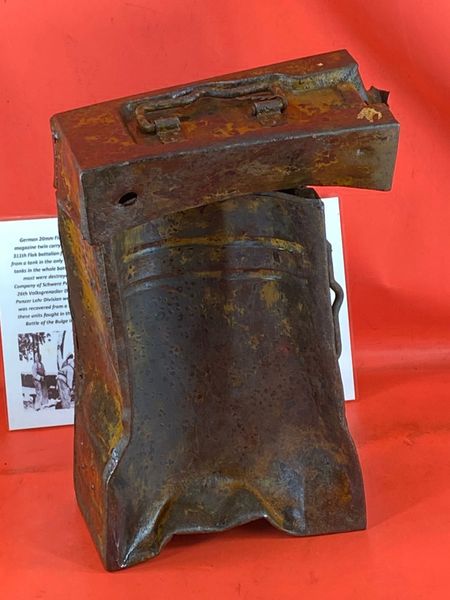 Battle damaged German 20mm Flak 30/38 Anti-Aircraft gun magazine twin carry box with lots of original sand colour paintwork solid relic belonging to Luftwaffe 311th Flak battalion recovered from a Lake East of Bastogne from battle of the Bulge 1944-1945