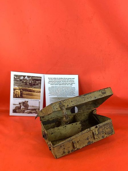 German toolbox for Oerlikon 20 mm cannon with paintwork+some markings used on some marks of Messerschmitt 109’s and as a ground anti-aircraft gun,recovered from Luftwaffe airfield at Audembert near Calais in France used by Jagdeschwader 26 in 1940.