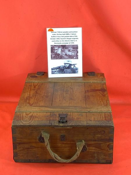 German ammunition wooden crate for 7.62mm bullets it held 1000 rounds of ammunition its is maker marked dated 9th October 1942,nice condition found in Dieppe originally used in the Normandy campaign in the summer of 1944