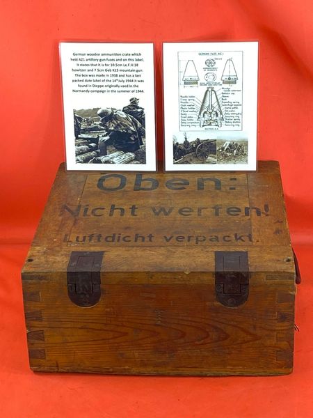 Very rare German Wooden ammunition crate which held AZ1 Artillery gun fuses for 10.5cm howitzer and geb 15 mountain gun it is dated 1938+paper label 1944 it was found in Dieppe originally used in the Normandy campaign in the summer of 1944.