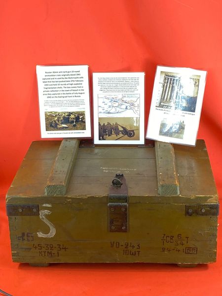 Totally rare Russian 45mm anti-tank gun 10 round ammunition crate originally dated 1941,re used by the Wehrmacht with original paper labels and markings and held 10 shells it was found in the town of Kalach the battle of 1942 on the Stalingrad front