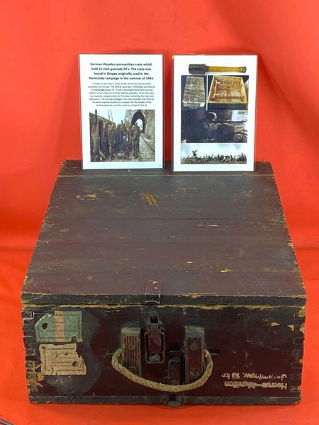 Very rare German ammunition wooden crate which held 15 stick grenades with maker markings,paper labels which was found in Dieppe originally used in the Normandy campaign in the summer of 1944