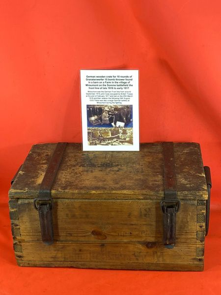 Very rare to find German wooden crate for 10 rounds of Granatenwerfer 15 bomb thrower also used on the Granatenwerfer 16 very nice condition,lovely condition dated 1918 recovered from a barn in the village of Miraumont on The Somme battlefield 1916-1918