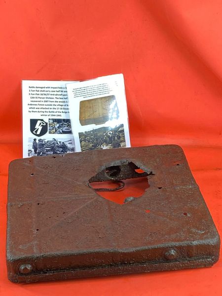 Battle-damaged half a German 3.7cm flak shell carry case which has its internal racking relic condition used by the 12th SS Panzer Division recovered in 2007 in the Ardennes Forest, village of Krinkelt, attacked by them during the Battle