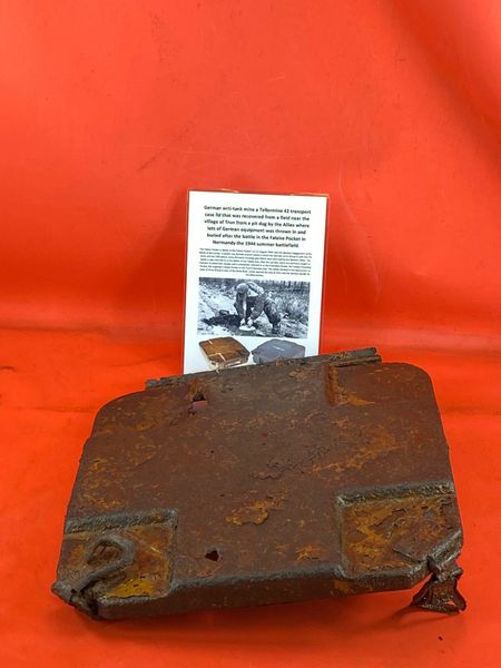 Very rare German tellermine 42 anti-tank mine carry case lid,battle damaged solid relic condition recovered from a field near Trun a pit dug by the allies where lots of German equipment buried after the battle in the Falaise Pocket, Normandy