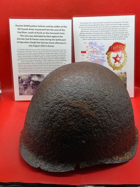 Nice Russian SSh40 Helmet worn by soldier of the 5th Guards Army solid relic with green paintwork remains recovered from Psel River area,south of Kursk defended by them against German 2nd SS Panzer corps in Kursk offensive in July-August 1943