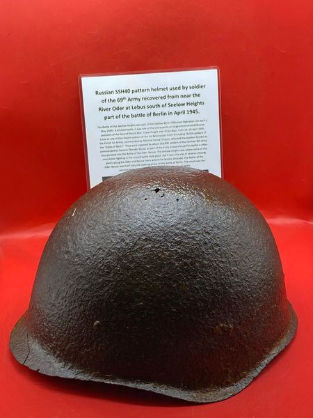 Lovely condition relic Russian SSh40 Helmet worn by soldier of the 69th Army recovered near the river Oder at Lebus south of Seelow Heights 1945 battlefield the opening battle for Berlin