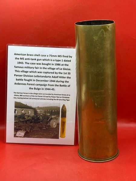 American brass shell case a 75mm M5 fired by the M5 anti-tank gun which is a type 1 dated 1943 which was bought in 1986 at the famous military fair in the village of Le Gleize, the battle fought in December 1944 during the Battle of the Bulge in 1944-45.