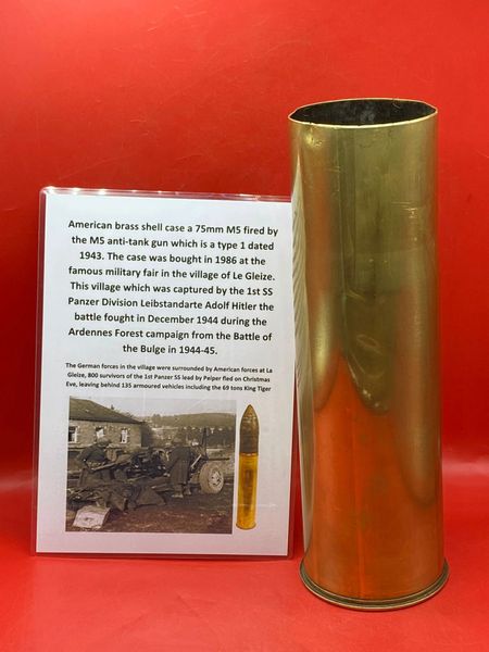 American brass shell case a 75mm M5 fired by the M5 anti-tank gun which is a type 1 dated 1943 which was bought in 1986 at the famous military fair in the village of Le Gleize, the battle fought in December 1944 during the Battle of the Bulge in 1944-45.