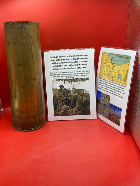 British artillery 25 pounder brass shell case dated 1937,nice condition semi-relic recovered from the El Alamein battlefield of late 1942 during the North African desert campaign of 1940-1943.