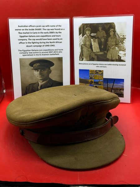 Australian officers peak cap with name of the owner on the inside SHARP, found on a flea market in Cario in the early 2000’s. The cap would have been used by an officer in the fighting during the North African desert campaign of 1940-1943.