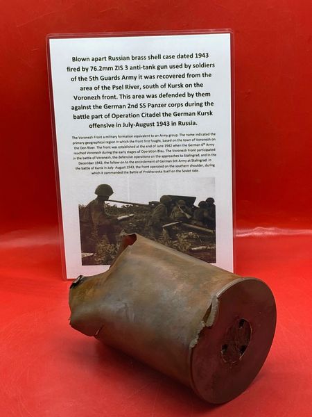 Blown apart Russian 76.2mm ZIS 3 anti-tank gun brass shell case recovered from Psel River,south of Kursk defended by them against German 2nd SS Panzer corps during the German Kursk offensive in July-August 1943