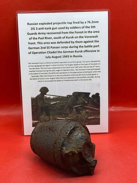 Blown apart Russian 76.2mm ZIS 3 anti-tank gun projectile recovered from Psel River,south of Kursk defended by them against German 2nd SS Panzer corps during the German Kursk offensive in July-August 1943