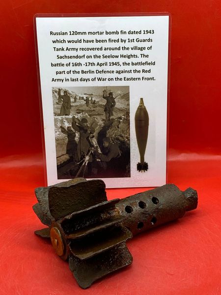 Russian 120mm mortar bomb tail section nice fired relic maker marked and dated 1943,used by 1st Guards Tank Army recovered from village of Sachsendorf, Seelow Heights,the 16th -17th April 1945 the battlefield part of Berlin Defence,last days of War