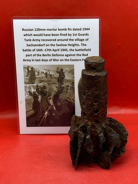 Russian 120mm mortar bomb tail section nice fired relic maker marked and dated 1944,used by 1st Guards Tank Army recovered from village of Sachsendorf, Seelow Heights,the 16th -17th April 1945 the battlefield part of Berlin Defence,last days of War