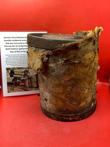 Rare to find from the battlefield a pair of German cardboard 15cm Nabelwerfer rocket round transport canister remains recovered from the Seelow Heights 1945 battle of Berlin