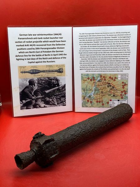 German panzerschreck anti-tank rocket launcher projectile rear section late war wintermunition, nice condition relic used by soldiers of the 20th Panzergrenadier Division recovered near Potsdam,battle of Berlin in April 1945