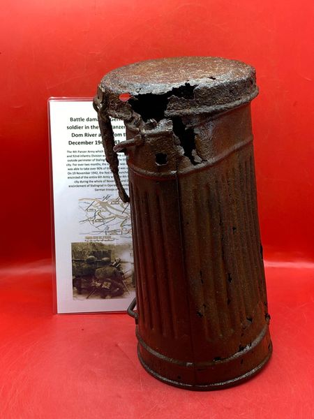 German soldiers gas mask tin solid relic condition,some original paintwork used by a soldier of the 4th Panzer Army recovered on the Dom river area from the battles of November- December 1942 outside Stalingrad