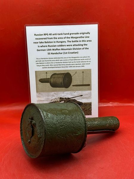 Russian RPG 40 anti-tank hand grenade over painted green paintwork,lovely condition relic recovered from Margarethe line near lake Balston in Hungary, defended by the German 13th Waffen Mountain Division of the SS Handschar during battle