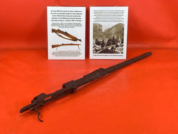 Rare German K98 rifle which has been cutdown to be used as concealed weapon it was captured by the Polish Home Army and used by the partisans in the fighting during the Warsaw Uprising of August – October 1944 in Poland.