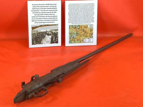 Romanian Mannlicher M1893 bolt action carbine rifle captured re used by the Wehrmacht as 8mm Puschka M93/30 Rumanisches used by a soldier of the 20th Panzergrenadier Division recovered near Potsdam,battle of Berlin in April 1945