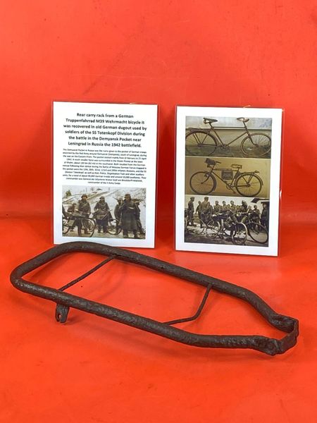 Rear carry rack from a German Truppenfahrrad M39 Wehrmacht bicycle used by soldier in the SS Totenkopf Division recovered from old German SS dugout in the Demyansk Pocket near Leningrad in Russia,1942 battlefield