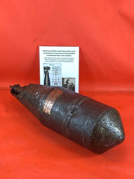 Very rare nice relic with maker marked plate world war 2 British smoke float with some original paintwork remains used by costal command for air sea rescue of downed pilots or abandoned ship’s crew members.