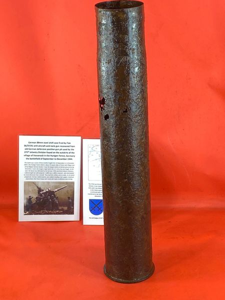 German 88mm steel shell case+some markings used by Flak 36/37/41 anti aircraft and anti tank gun recovered from old German gun pit used by the 275th Infantry Division found near Vossenack in the Hurtgen Forest in Germany 1944.