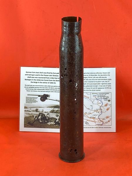 Nice condition German 5cm Pak38 anti-tank gun steel shell case with lots of original brass wash colour,dated 1944 used by the Panzer Lehr Division it was recovered from a lake East of Bastogne,Ardennes Forest from the Battle of Bulge,1944-45.