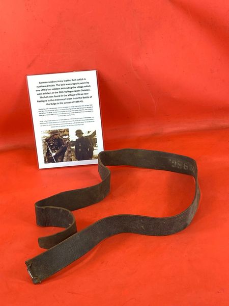 German army leather belt which is numbered inside properly worn by a soldier of the 26th Volksgrenadier Division found a local brocante in Bras a village just outside Bastogne from the Bulge battle 1944-1945