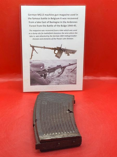 German MG13 machine gun magazine nice solid relic with some maker markings recovered from a lake East of Bastogne,Ardennes Forest from the Battle of Bulge,1944-45.