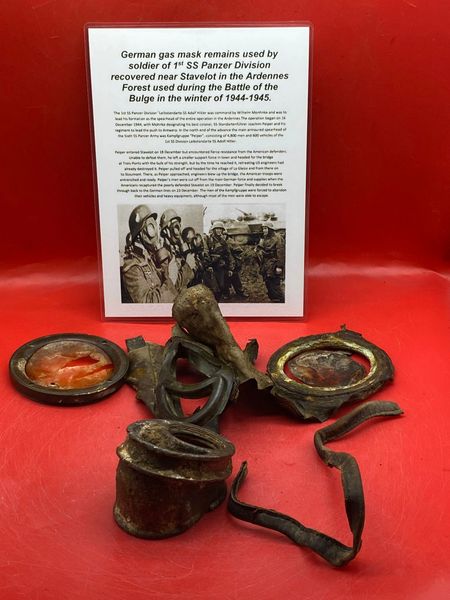 German army gas mask remains dated 1938 solid relic condition used by soldier of the 1st SS Panzer Division recovered near Stavelot in the Ardennes Forest from battle of the bulge 1944