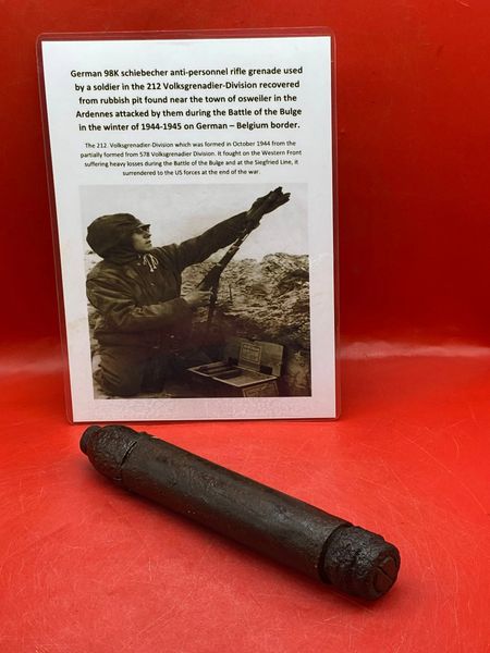 Complete undamaged German 98K schiebecher small high explosive rifle grenade with original paintwork remains used by soldier of 212 Volksgrenadier-Division recovered near town of osweiler, Luxemburg from the battle of the Bulge 1944-1945