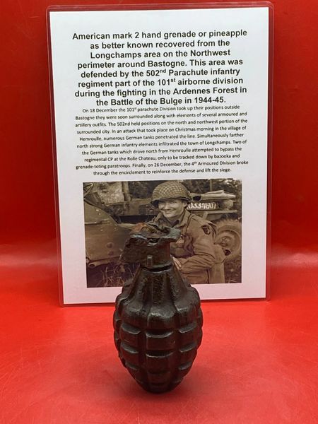 Very rare American mark 2 hand grenade with yellow paint remains,maker marked recovered Longchamps area,Northwest perimeter around Bastogne,defended by the 502nd Parachute infantry regiment,101st airborne division during the fighting,Ardennes Forest,1944