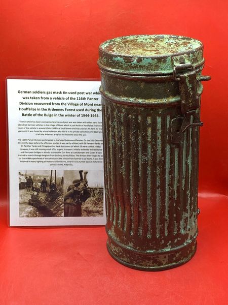 German soldiers gas mask tin partly over painted and re used post war with some original paintwork used by the 116th Panzer Division recovered from near Houffalize in the Ardennes forest from battle of the bulge winter 1944-1945