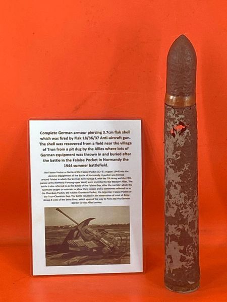 Complete German armour piercing 3.7cm flak shell which was fired by Flak 18/36/37 Anti-aircraft gun that was recovered near the village of Trun from a pit dug by the Allies to buried German equipment in the Falaise Pocket in Normandy the 1944.