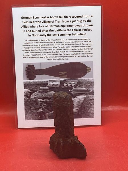 German 8cm mortar tail fin a body section solid relic condition fired by 8 cm Granatwerfer 34 (8 cm GrW 34) Mortar, fired on a bomb recovered from the Bourguebus Ridge, Operation Goodwood 18-21 July 1944 in Normandy