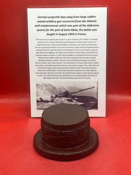 German projectile base plug from large calibre coastal artillery gun shell recovered from Kriegsmarine coastal artillery position on the Atlantic wall defence system near the port of Saint Malo in France August 1944 battle