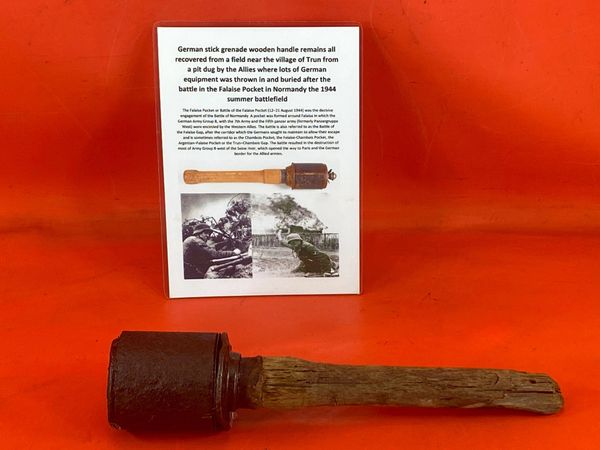 Rare German near complete M43 stick grenade+sleeve,dated 1944+paintwork remains, nice solid relic recovered from a field near Trun a pit dug where lots of German equipment buried after the battle in the Falaise Pocket, Normandy in France 1944