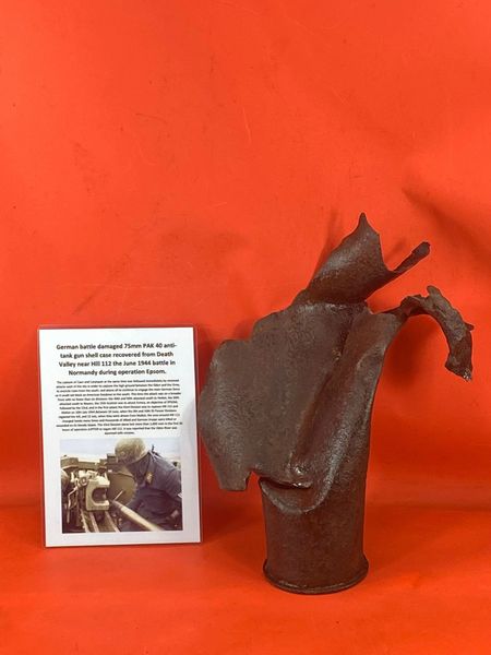 Blown apart German steel shell case a 75mm PAK40 it was recovered from Death Valley near Hill 112 the battle during operation Epsom in June 1944 on the Normandy battlefield