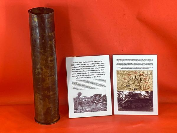 Russian 76.2mm ZIS 3 anti-tank gun brass shell case,complete maker marked dated 1943 recovered from Psel River,south of Kursk defended by them against German 2nd SS Panzer corps during the German Kursk offensive in July-August 1943