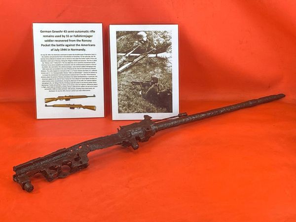 Very rare German 43 semi-automatic rifle remains used by SS or Fallshirmjager soldier recovered from the Roncey Pocket the battle in July 1944 in Normandy.