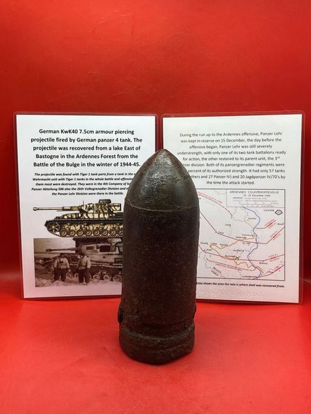 German a fired 75mm KwK40 armour piercing projectile+blast crack used by a German panzer 4 tank in the Panzer Lehr Division it was recovered from a lake East of Bastogne in the Ardennes Forest from the Battle of the Bulge in the winter of 1944-45.