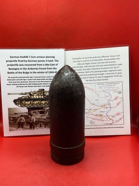 German a fired 75mm KwK40 armour piercing projectile,complete driving band,maker marked used by a German panzer 4 tank in the Panzer Lehr Division it was recovered from a lake East of Bastogne in the Ardennes Forest from the Battle of the Bulge 1944-45.