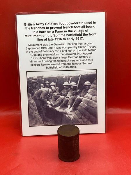 Rare complete British soldiers foot powder tin complete with contents and has some labels left partly readable markings found in a barn in the village of Miraumont on The Somme battlefield of late 1916-1917